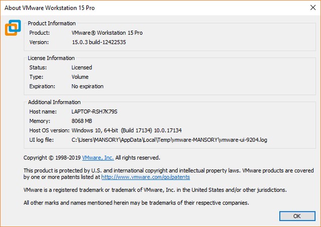 VMware Workstation Pro 15.0.3 Build 12422535